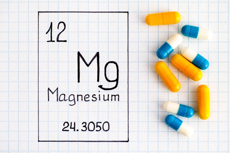 The periodic chart square for Magnesium or Mg is show on the left and magnesium pills are displayed to the right. 