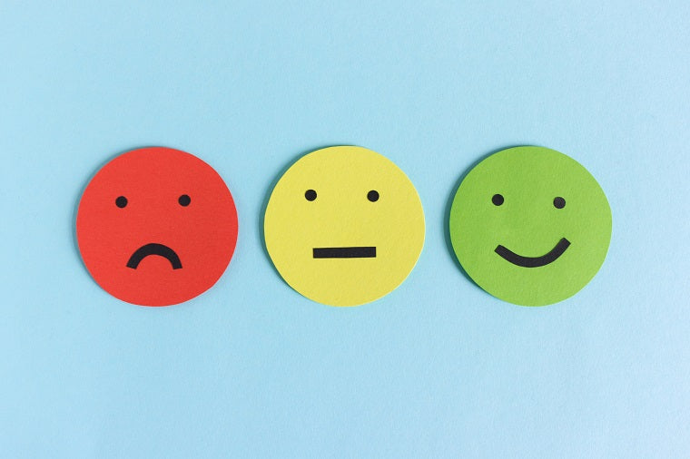 A red sad face on the far left, a yellow impartial face in the middle and a green happy face on the right on a sky blue background