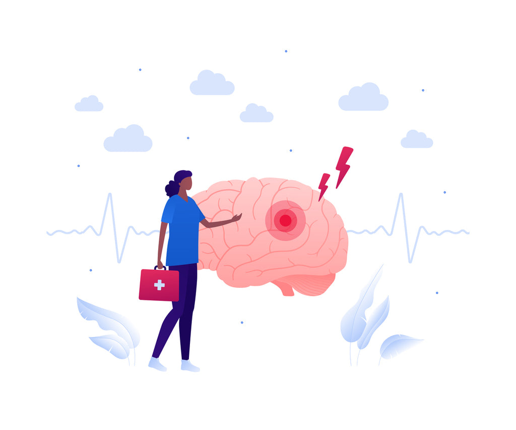 a graphic showing a woman in a blue shirt pointing to a spot on an enlarged brain that has lightning strike symbols  above it. 