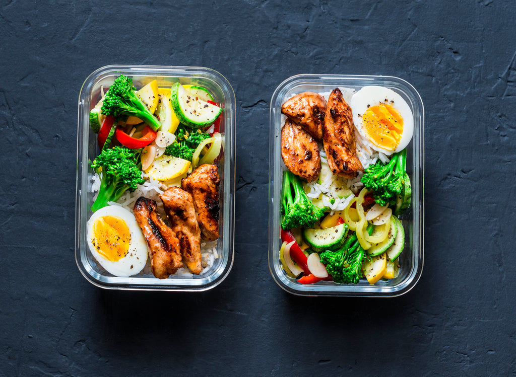 photo of a healthy, colorful meal:  lean protein, greens and eggs. 