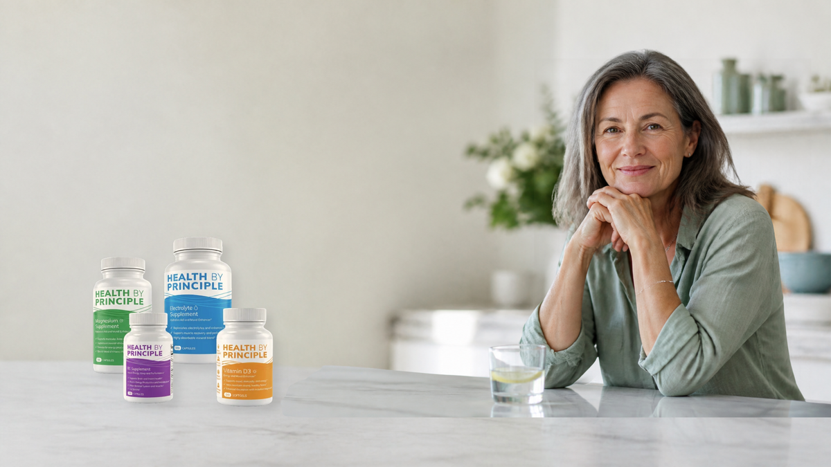 Woman smiling at a kitchen counter with Health By Principle supplements